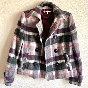 CAbi Gray Pink Purple Plaid Peacoat Jacket Size 6